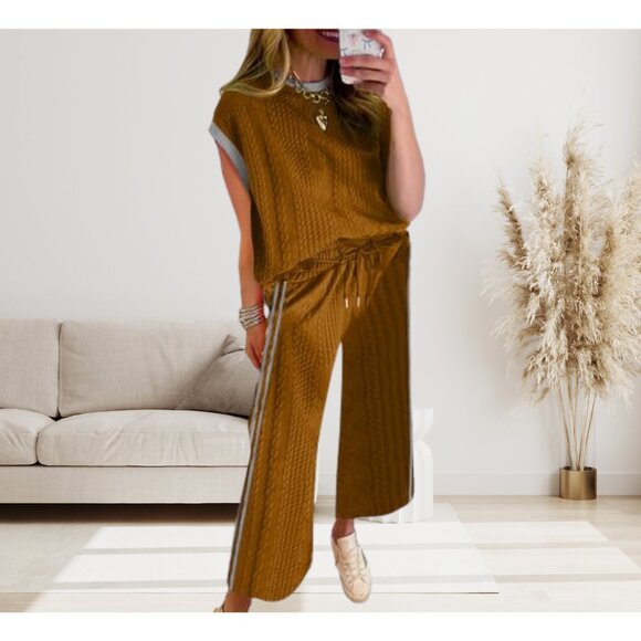 NEW SHEWIN 2 Pc. Lounge Tracksuit Set -Cap Sleeve Pullover/Wide Leg Pant - BROWN - Picture 1 of 6